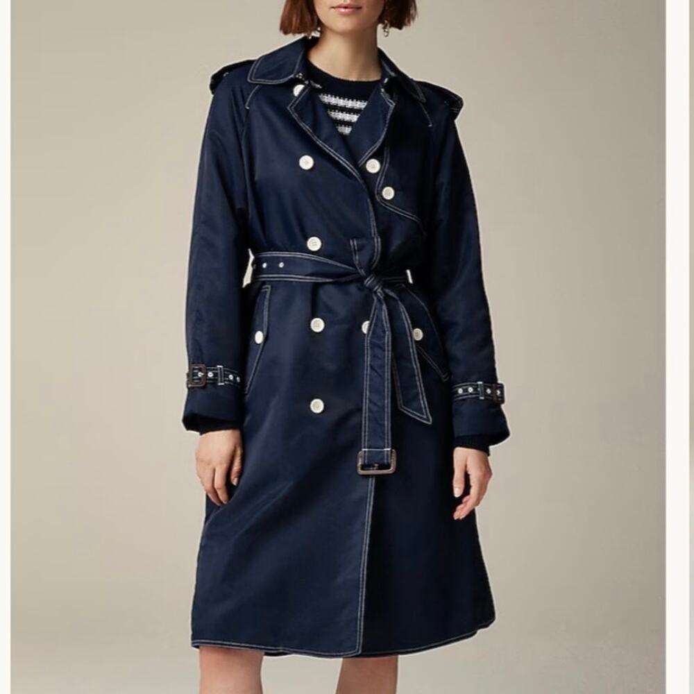 J Crew Relaxed Shiny Nylon Trench Coat Women's 0 Navy Blue Lightweight